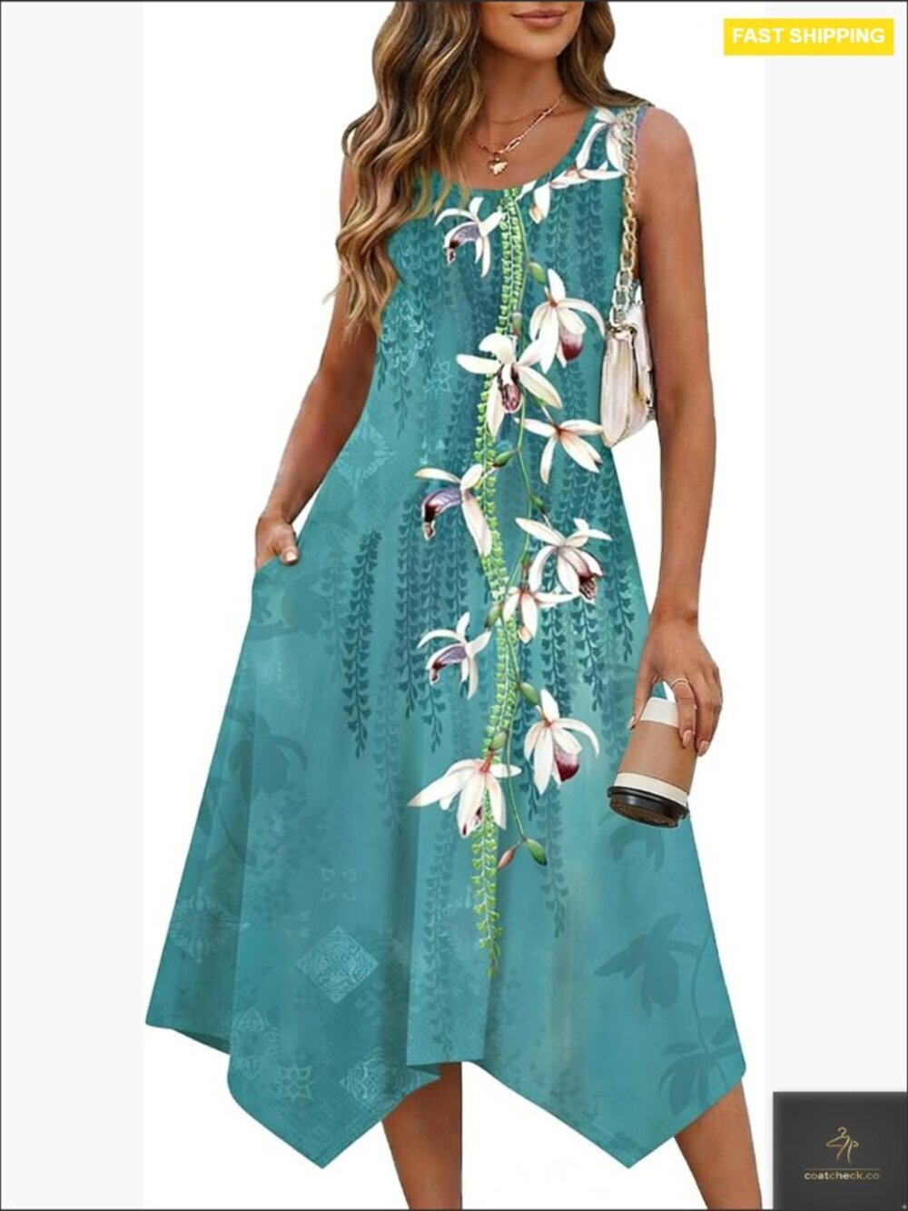 Floral Sleeveless Midi Sundress with Pockets Asymmetrical Hem Bohemian